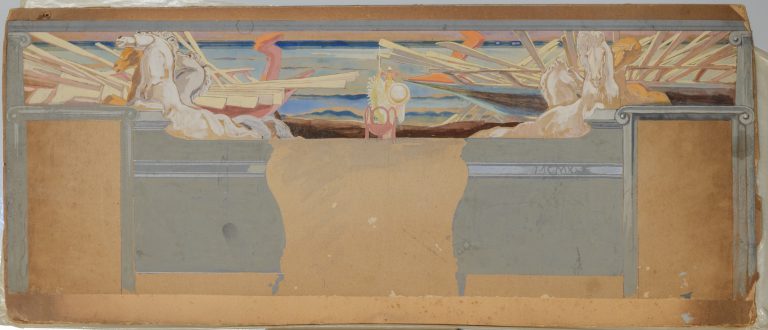 Bozzetto per decorazione parietale con cavalli e imbarcazioni