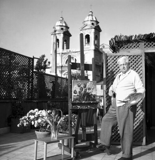 Giorgio de Chirico nella sua terrazza, Roma 1964
